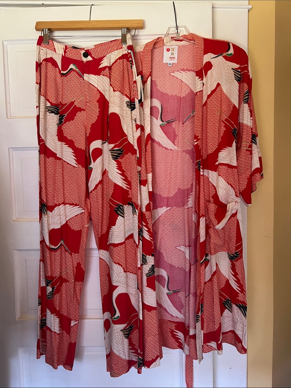 Roark Bright Red Crane Print Pic Pant Set